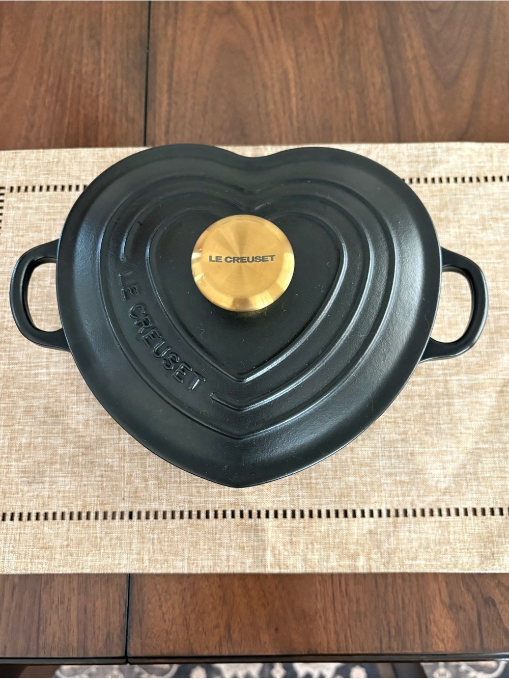 Le Creuset Black Heart-Shaped Cast Iron Cocotte with Gold Knob